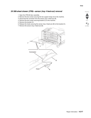 Page 649Repair information4-217
 7510
Go Back Previous
Next
3X 500-sheet drawer (3TM)—sensor (tray 4 feed-out) removal 
1. Open the 3TM left door assembly.
2. Remove the two screws securing the two support straps (A) to the machine.
3. Disconnect the connector from the sensor (tray 4 feed-out) (B).
4. Remove the two screws securing bracket (C) to the machine.
5. Remove the bracket (C).
6. Release the hooks securing the sensor (tray 4 feed-out) (B) to the bracket (C).
7. Remove the sensor (tray 4 feed-out) (B). 