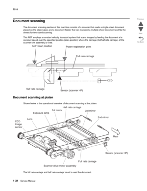 Page 661-34Service Manual 7510
Go Back Previous
Next
Document scanning
The document scanning section of this machine consists of a scanner that reads a single-sheet document 
placed on the platen glass and a document feeder that can transport a multiple-sheet document and flip the 
sheets for two-sided scanning. 
This ADF employs a constant velocity transport system that scans images by feeding the document at a 
constant speed over the specified position (scan position) where the carriage (full/half rate...