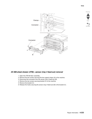 Page 655Repair information4-223
 7510
Go Back Previous
Next
 
3X 500-sheet drawer (3TM)—sensor (tray 3 feed-out) removal  
1. Open the 3TM left door assembly.
2. Remove the two screws securing the two support straps (A) to the machine.
3. Disconnect the connector from the sensor (tray 3 feed-out) (B).
4. Remove the two screws securing bracket (C) to the machine.
5. Remove the bracket (C).
6. Release the hooks securing the sensor (tray 3 feed-out) (B) to the bracket (C). 