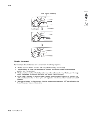 Page 701-38Service Manual 7510
Go Back Previous
Next
Simplex document
For two simplex document sheets, feed is performed in the following sequence:
1. The first document sheet is fed to the ADF transport roll assembly. (see Pre-feed)
2. The document is fed to the ADF registration roll assembly, and then fed to the scan feed reference 
position. (see Pre-registration)
3. The document sheet is fed at the feed speed corresponding to the selected magnification, and the image 
on it is scanned with the exposure lamp...