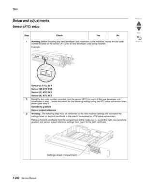 Page 6924-260Service Manual 7510 
Go Back Previous
Next
Setup and adjustments
Sensor (ATC) setup  
Step Check Yes No
1 Warning: Before installing any new developer unit assembles in the machine, record the bar code 
number located on the sensor (ATC) for all new developer units being installed. 
Example:
Sensor (C ATC) XXX
Sensor (M) ATC XXX
Sensor (Y) ATC XXX
Sensor (K) ATC XXX
2Using the bar code number recorded from the sensor (ATC) on each of the new developer unit 
assemblies in step 1, locate the values...