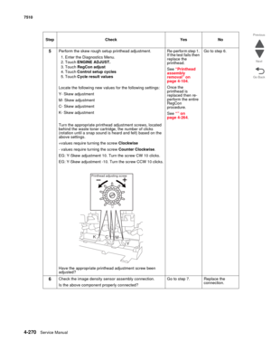 Page 7024-270Service Manual 7510 
Go Back Previous
Next
5Perform the skew rough setup printhead adjustment.
1. Enter the Diagnostics Menu.
2. Touch ENGINE ADJUST.
3. Touch RegCon adjust
4. Touch Control setup cycles
5. Touch Cycle result values
Locate the following new values for the following settings:
Y- Skew adjustment
M- Skew adjustment
C- Skew adjustment
K- Skew adjustment
Turn the appropriate printhead adjustment screws, located 
behind the waste toner cartridge, the number of clicks 
(rotation until a...