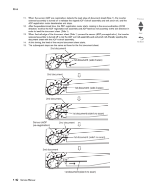 Page 721-40Service Manual 7510
Go Back Previous
Next
11. When the sensor (ADF pre-registration) detects the lead edge of document sheet (Side 1), the inverter 
solenoid assembly is turned on to release the nipped ADF exit roll assembly and exit pinch roll, and the 
ADF registration motor decelerates and stops.
12. After the predetermined time, the ADF registration motor starts rotating in the reverse direction (CCW 
direction) to drive the ADF registration roll assembly and ADF feed-out roll assembly in the...