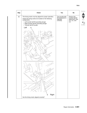 Page 713Repair information4-281
 7510
Go Back Previous
Next
6The timing marks must be aligned for proper operation.
Check the timing marks (E) located on the following 
components:
• Left transfer belt lift assembly plunger
• Right transfer belt lift assembly plunger
• Transfer belt lift handle
Are the timing marks aligned correctly?The transfer belt 
lift mechanism is 
adjusted 
correctly.Perform the 
transfer belt lift 
adjustment. See 
xxx, xxx, and 
xxx. Step Check Yes No 