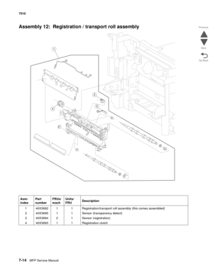 Page 7487-14MFP Service Manual 7510
Go Back Previous
Next
Assembly 12:  Registration / transport roll assembly
Asm- 
indexPart 
numberFRUs/
machUnits/ 
FRUDescription
1 40X3692 1 1 Registration/transport roll assembly (this comes assembled)
2 40X3695 1 1 Sensor (transparency detect)
3 40X3694 2 1 Sensor (registration)
4 40X3693 1 1 Registration clutch
3
2
4
1 