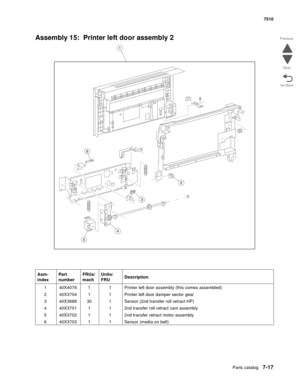 Page 751Parts catalog7-17
7510
Go Back Previous
Next
Assembly 15:  Printer left door assembly 2
Asm- 
indexPart 
numberFRUs/
machUnits/ 
FRUDescription
1 40X4078 1 1 Printer left door assembly (this comes assembled)
2 40X3704 1 1 Printer left door damper sector gear
3 40X3688 30 1 Sensor (2nd transfer roll retract HP)
4 40X3701 1 1 2nd transfer roll retract cam assembly
5 40X3702 1 1 2nd transfer retract motor assembly
6 40X3703 1 1 Sensor (media on belt) 