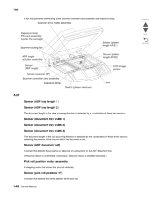 Page 781-46Service Manual 7510
Go Back Previous
Next
A fan that prevents overheating of the scanner controller card assembly and exposure lamp.
ADF 
Sensor (ADF tray length 1)
Sensor (ADF tray length 2)
The document length in the slow scanning direction is detected by a combination of these two sensors.
Sensor (document tray width 1)
Sensor (document tray width 2)
Sensor (document tray width 3)
The document length in the fast scanning direction is detected by the combination of these three sensors 
detecting...