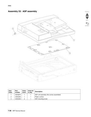 Page 7727-38MFP Service Manual 7510
Go Back Previous
Next
Assembly 33:  ADF assembly   
Asm 
IndexPart 
numberUnits/
machUnits/ kit 
or pkgDescription
1 40X3879 1 1 ADF unit assembly (this comes assembled)
2 40X2239 1 1 Platen cushion
3 40X2238 2 1 ADF mounting screw
2
1
3 