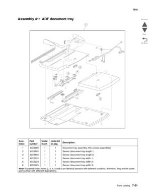 Page 785Parts catalog7-51
7510
Go Back Previous
Next
Assembly 41:  ADF document tray
Asm 
IndexPart 
numberUnits/
machUnits/ kit 
or pkgDescription
1 40X3880 1 1 Document tray assembly (this comes assembled)
2 40X3892 1 1 Sensor (document tray length 1)
3 40X3892 1 1 Sensor (document tray length 2)
4 40X2223 1 1 Sensor (document tray width 1)
5 40X2223 1 1 Sensor (document tray width 2)
6 40X2223 1 1 Sensor (document tray width 3)
Note: Assembly index items 2, 3, 4, 5 and 6 are identical sensors with different...