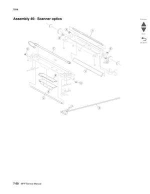 Page 7927-58MFP Service Manual 7510
Go Back Previous
Next
Assembly 46:  Scanner optics
3
7
5
2
6
4
1
2
2
2
1
2
2 