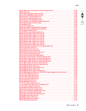 Page 9Table of contentsix
7510
Go Back Previous
Next
844.01 White reference/exposure lamp illumination error  . . . . . . . . . . . . . . . . . . . . . . . . . . . . .  2-123
845.00 CCD error  . . . . . . . . . . . . . . . . . . . . . . . . . . . . . . . . . . . . . . . . . . . . . . . . . . . . . . . . . . . . . .  2-124
845.01 CCD initialization (lamp on) error  . . . . . . . . . . . . . . . . . . . . . . . . . . . . . . . . . . . . . . . . . . . 2-125
845.02 CCD initialization (lamp off) error   . . . . . ....