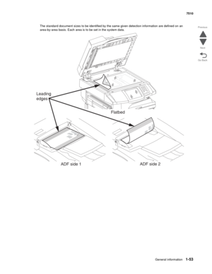 Page 85General information1-53
7510
Go Back Previous
Next
The standard document sizes to be identified by the same given detection information are defined on an 
area-by-area basis. Each area is to be set in the system data.
ADF side 1ADF side 2
LexmarkX000
QuickTestD
e
v
i
c
e
I
n
f
o
r
m
a
t
i
o
nMARGINSET
TINGS
Flatbed
Leading
edges
LexmarkX000
QuickTestD
e
vice
Inform
atio
n
M
A
R
G
I
N 