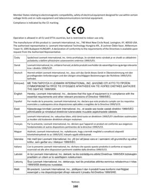 Page 160Member States relating to electromagnetic compatibility, safety of electrical equipment designed for use within certain
voltage limits and on radio equipment and telecommunications terminal equipment.
Compliance is indicated by the CE marking.
Operation is allowed in all EU and EFTA countries, but is restricted to indoor use only.
The manufacturer of this product is: Lexmark International, Inc., 740 West New Circle Road, Lexington, KY, 40550 USA.
The authorized representative is: Lexmark International...