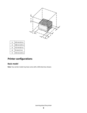 Page 91
2
3 4 5
1102 mm (4 in.)
2508 mm (20 in.)
3152 mm (6 in.)
476 mm (3 in.)
5254 mm (10 in.)
Printer configurations
Basic model
Note: Your printer model may have come with a 650-sheet duo drawer.
Learning about the printer
9 