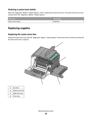 Page 98Ordering a waste toner bottle
When 82 Replace Waste Toner appears, order a replacement waste toner box. The waste toner box must be
replaced when 82 Replace Waste Toner appears.
Part namePart number
Waste toner bottleC540X75G
Replacing supplies
Replacing the waste toner box
Replace the waste toner box when 82 Replace waste toner appears. The printer will not continue printing until
the waste toner box is replaced.
1
2
3
4
1Top door
2Waste toner box
3Right side cover
4Front door
Maintaining the printer
98 