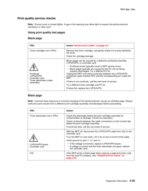 Page 61Diagnostic information2-35
7011-2xx / 3xx
Print quality service checks
Note:  Ensure cover is closed tightly. A gap in the opening may allow light to expose the photoconductor 
resulting in a ‘dirty’ print. 
Using print quality test pages
Blank page 
Black page
Note:  Incorrect laser exposure or incorrect charging of the photoconductor causes an all-black page. Always 
verify the same results from a different print cartridge assembly and developer before proceeding.FRU Action“Service error codes” on page...