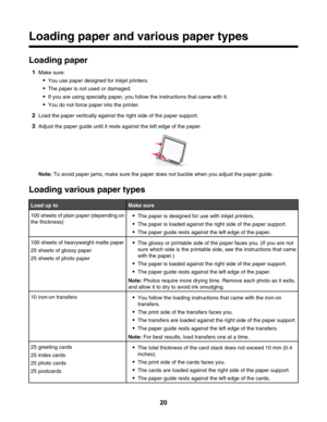 Page 20Loading paper and various paper types
Loading paper
1Make sure:
You use paper designed for inkjet printers.
The paper is not used or damaged.
If you are using specialty paper, you follow the instructions that came with it.
You do not force paper into the printer.
2Load the paper vertically against the right side of the paper support.
3Adjust the paper guide until it rests against the left edge of the paper.
Note: To avoid paper jams, make sure the paper does not buckle when you adjust the paper guide....