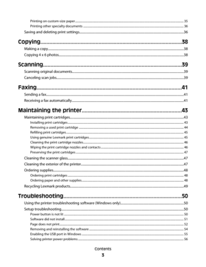 Page 3Printing on custom-size paper ................................................................................................................................................... 35
Printing other specialty documents ........................................................................................................................................ 36
Saving and deleting print...