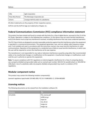 Page 295Taffy Agfa Corporation
Times New Roman The Monotype Corporation plc
Univers Linotype-Hell AG and/or its subsidiaries
All other trademarks are the property of their respective owners.
AirPrint and the AirPrint logo are trademarks of Apple, Inc.
Federal Communications Commission (FCC) compliance information statement
This product has been tested and found to comply with the limits for a Class A digital device, pursuant to Part 15 of the
FCC Rules. Operation is subject to the following two conditions: (1)...