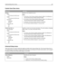 Page 131Custom Scan Sizes menu
Menu itemDescription
ID Card
Width
1–14 inches (25–355.6 mm)
Height
1–14 inches (25–355.6 mm)
Orientation
Landscape
Portrait
2 scans per side
Off
OnSpecifies a non‑standard scan size.
Notes:
4.83 inches is the US factory default setting for Width. 123 millimeters is
the international factory default setting for Width.
6.32 inches is the US factory default setting for Height. 161 millimeters is
the international factory default setting for Height.
Landscape is the factory default...