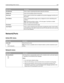 Page 133Menu itemDescription
Fax ShortcutsPrints a report containing information about fax shortcuts
Profiles ListPrints a list of profiles stored in the printer
Print FontsPrints a report of all the fonts available for the printer language currently set in
the printer
Print DefectsPrints a repeating defects page used as a diagnostic tool for identifying print
problems
Note: Should be printed on letter‑ or A4‑size paper. If printed on smaller
paper, the content will be clipped.
Print DemoPrints a resident...