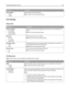 Page 151Menu itemDescription
Sides (Duplex)
2 sided
1 sidedEnables duplex (two-sided) printing
Note: 1 sided is the factory default setting.
Print Settings
Setup menu
Menu itemDescription
Printer Language
PS Emulation
PCL Emulation
PPDS EmulationDetermines which printer language the print server uses to send data to the
printer
Note: PS is the factory default setting.
Print Area
Normal
Fit to Page
Whole PageDetermines the print area on paper
Note: Normal is the factory default setting.
Download Target
RAM...