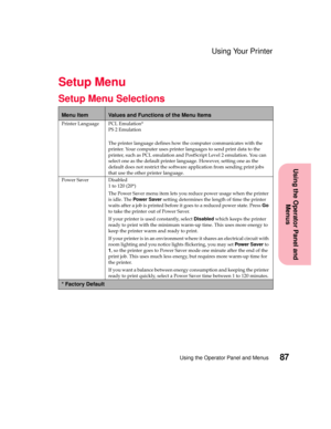Page 10387Using the Operator Panel and Menus
Using the Operator Panel and
Menus
Using Your Printer
Setup Menu
Setup Menu Selections
Menu ItemValues and Functions of the Menu Items
Printer Language PCL Emulation*
PS 2 Emulation
The printer language defines how the computer communicates with the
printer. Your computer uses printer languages to send print data to the
printer, such as PCL emulation and PostScript Level 2 emulation. You can
select one as the default printer language. However, setting one as the...