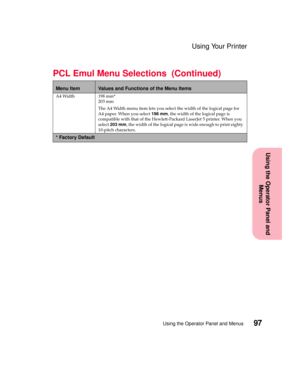 Page 11397Using the Operator Panel and Menus
Using the Operator Panel and
Menus
Using Your Printer
A4 Width 198 mm*
203 mm
The A4 Width menu item lets you select the width of the logical page for
A4 paper. When you select198 mm, the width of the logical page is
compatible with that of the Hewlett-Packard LaserJet 5 printer. When you
select203 mm, the width of the logical page is wide enough to print eighty
10-pitch characters.
PCL Emul Menu Selections (Continued)
Menu ItemValues and Functions of the Menu Items
*...