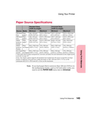 Page 159143Using Print Materials
Using Print Materials
Using Your Printer
Paper Source Specifications
Note:If you load paper that is narrower than 148 mm (5.83 in.) in
the multipurpose feeder, such as 3x5 inch index cards, you
need to set thePA P E R S I Z Emenu item toUniversal.
SourceMedia
Standard Sizes
(width by length)Universal Sizes
(width by length)
MinimumMaximumMinimumMaximum
250-sheet
trayPlain
paper1148 x 210 mm
(5.83 x 8.27 in.)215.9 x 355.6 mm
(8.5 x 14 in.)139.7 x 210 mm
(5.5 x 8.27 in.)215.9 x...