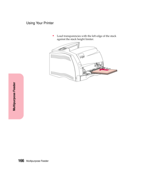Page 182Multipurpose Feeder166
Multipurpose Feeder
Using Your Printer
Load transparencies with the left edge of the stack
against the stack height limiter. 