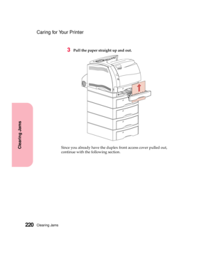 Page 236Clearing Jams220
Clearing Jams
Caring for Your Printer
3Pull the paper straight up and out.
Since you already have the duplex front access cover pulled out,
continue with the following section. 