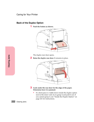 Page 238Clearing Jams222
Clearing Jams
Caring for Your Printer
Back of the Duplex Option
1Push the button as shown.
The duplex rear door opens.
2Raise the duplex rear door.It remains in place.
3Look under the rear door for the edge of the paper.
Determine how it is jammed:
If a short piece is visible down inside the duplex option
next to the inner wall, try to grasp it and pull it out. If
you cannot grasp it, see “Inside the Duplex Option” on
page 221 for instructions. 