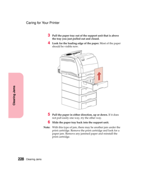 Page 244Clearing Jams228
Clearing Jams
Caring for Your Printer
3Pull the paper tray out of the support unit that is above
the tray you just pulled out and closed.
4Look for the leading edge of the paper.Most of the paper
should be visible now.
5Pull the paper in either direction, up or down.If it does
not pull easily one way, try the other way.
6Slide the paper tray back into the support unit.
Note:With this type of jam, there may be another jam under the
print cartridge. Remove the print cartridge and look for...