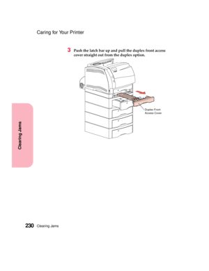 Page 246Clearing Jams230
Clearing Jams
Caring for Your Printer
3Push the latch bar up and pull the duplex front access
cover straight out from the duplex option.
Duplex Front
Access Cover 