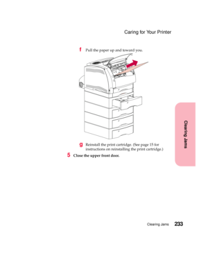 Page 249233Clearing Jams
Clearing Jams
Caring for Your Printer
fPull the paper up and toward you.
gReinstall the print cartridge. (See page 15 for
instructions on reinstalling the print cartridge.)
5Close the upper front door. 