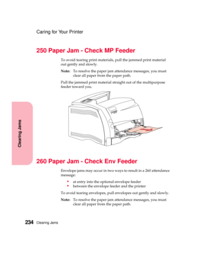 Page 250Clearing Jams234
Clearing Jams
Caring for Your Printer
250 Paper Jam - Check MP Feeder
To avoid tearing print materials, pull the jammed print material
out gently and slowly.
Note:To resolve the paper jam attendance messages, you must
clear all paper from the paper path.
Pull the jammed print material straight out of the multipurpose
feeder toward you.
260 Paper Jam - Check Env Feeder
Envelope jams may occur in two ways to result in a 260 attendance
message:
at entry into the optional envelope feeder...