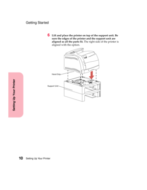 Page 26Setting Up Your Printer10
Setting Up Your Printer
Getting Started
6Lift and place the printer on top of the support unit. Be
sure the edges of the printer and the support unit are
aligned so all the parts fit.The right side of the printer is
aligned with the option.
Hand Grip
Support Unit 