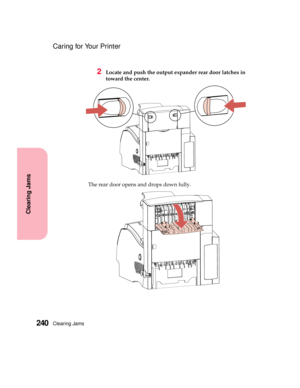 Page 256Clearing Jams240
Clearing Jams
Caring for Your Printer
2Locate and push the output expander rear door latches in
toward the center.
The rear door opens and drops down fully. 