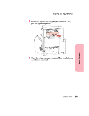 Page 257241Clearing Jams
Clearing Jams
Caring for Your Printer
3Loosen the paper if it is caught in feeder rollers. Then,
pull the paper straight out.
4Close the output expander rear door. Make sure both rear
door latches are closed. 