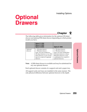 Page 271Optional Drawers
Chapter
Optional Drawers255
Installing Options
Optional
Drawers
12
The following table gives information for the optional 250-sheet
drawer and optional 500-sheet drawer depending on which printer
model you have:
Note:A 2000-sheet drawer is available and may be substituted for
any one optional drawer.
Each optional drawer consists of a support unit and a paper tray.
Allsupportunitsandtraysareinstalledinthesamemanner.The
only physical difference between optional drawers is the depth.
Optra...