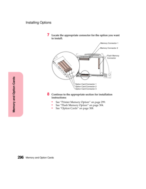 Page 312Memory and Option Cards296
MemoryandOptionCards
Installing Options
7Locate the appropriate connector for the option you want
to install.
8Continue to the appropriate section for installation
instructions:
-See “Printer Memory Option” on page 299.
-See “Flash Memory Option” on page 304.
-See “Option Cards” on page 308.
Flash Memory
Connector
Memory Connector 1
Option Card Connector 1
Option Card Connector 2
Option Card Connector 3
Memory Connector 2 