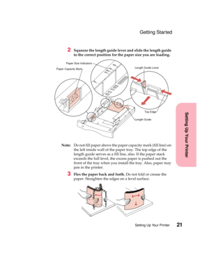 Page 3721Setting Up Your Printer
Setting Up Your Printer
Getting Started
2Squeeze the length guide lever and slide the length guide
to the correct position for the paper size you are loading.
Note:Do not fill paper above the paper capacity mark (fill line) on
theleftinsidewallofthepapertray.Thetopedgeofthe
length guide serves as a fill line, also. If the paper stack
exceeds the full level, the excess paper is pushed out the
front of the tray when you install the tray. Also, paper may
jam in the printer.
3Flex...