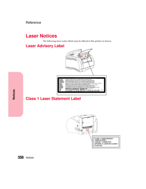 Page 374Notices358
Notices
Reference
Laser Notices
The following laser notice labels may be affixed to this printer as shown:
Laser Advisory Label
Class 1 Laser Statement Label
APPAREIL À LASER DE CLASSE 1 CLASS 1 LASER PRODUCT
LASER KLASSE 1
LUOKAN 1 LASERLAITE
TO IEC 825 