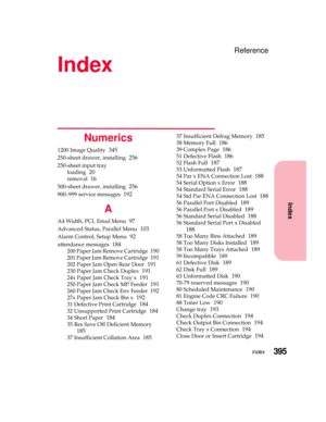 Page 411Index395
Index
Reference
Index
Numerics
1200 Image Quality345
250-sheet drawer, installing256
250-sheet input tray
loading
20
removal16
500-sheet drawer, installing256
900–999 service messages192
A
A4 Width, PCL Emul Menu97
Advanced Status, Parallel Menu103
Alarm Control, Setup Menu92
attendance messages184
200 Paper Jam Remove Cartridge190
201 Paper Jam Remove Cartridge191
202 Paper Jam Open Rear Door191
230 Paper Jam Check Duplex191
24x Paper Jam Check Tray x191
250 Paper Jam Check MP Feeder191
260...