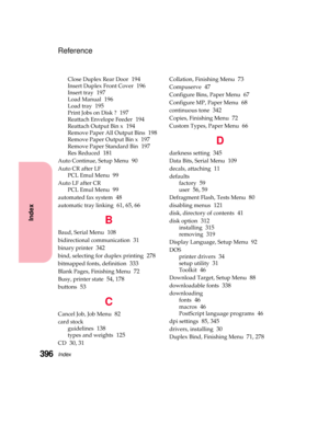 Page 412Index396
Index
Reference
Close Duplex Rear Door194
Insert Duplex Front Cover196
Insert tray197
Load Manual196
Load tray195
Print Jobs on Disk ?197
Reattach Envelope Feeder194
Reattach Output Bin x194
Remove Paper All Output Bins198
Remove Paper Output Bin x197
Remove Paper Standard Bin197
Res Reduced181
Auto Continue, Setup Menu90
Auto CR after LF
PCL Emul Menu
99
Auto LF after CR
PCL Emul Menu
99
automated fax system48
automatic tray linking61, 65, 66
B
Baud, Serial Menu108
bidirectional...