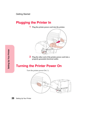 Page 44Setting Up Your Printer28
Setting Up Your Printer
Getting Started
Plugging the Printer In
1Plug the printer power cord into the printer.
2Plug the other end of the printer power cord into a
properly grounded electrical outlet.
Turning the Printer Power On
Turn the printer power On (|). 