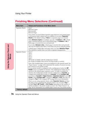Page 90Using the Operator Panel and Menus74
Using the Operator Panel and
Menus
Using Your Printer
Separator Sheets None*
Between Copies
Between Jobs
Between Pages
Your printer can insert blank separator pages between your printed pages
or documents (both collated and non-collated). If you leaveSeparator
Sheetsin the default setting ofNone, no separator pages are inserted.
SelectBetween Copiesfor multiple copy jobs. IfCollationisOff,ablank
page is inserted between sets of each printed page. IfCollationisOn,a...