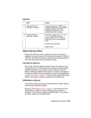 Page 103Diagnostic Information2-76
4059-XXX
Options Service Check
Service Tip: When you have a problem with any of the options
installed in the options slots on the interconnect board on a 2450 or
1650 (the 1250 has only one slot), switch the non operating option to
one of the other option slots to isolate the failure.
Flash Memory Option(s)
Run a copy of the test page and check to see if the option you are
checking is listed. The printer does not recognize the option being
installed if the option is not listed....