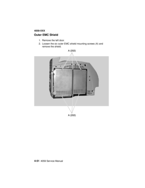 Page 2144-514059 Service Manual
4059-XXX
Outer EMC Shield
1. Remove the left door.
2. Loosen the six outer EMC shield mounting screws (A) and
remove the shield. 