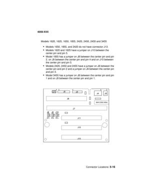 Page 241Connector Locations5-16
4059-XXX
Models 1620, 1625, 1650, 1855, 2420, 2450, 2455 and 3455
•Models 1650, 1855, and 2420 do not have connector J13.
•Models 1620 and 1625 have a jumper on J10 between the
center pin and pin 5.
•Model 1855 has a jumper on J8 between the center pin and pin
2, on J9 between the center pin and pin 4 and on J10 between
the center pin and pin 5.
•Models 2420, 2450 and 2455 have a jumper on J8 between the
center pin and pin 2 and a jumper on J9 between the center pin
and pin 3....